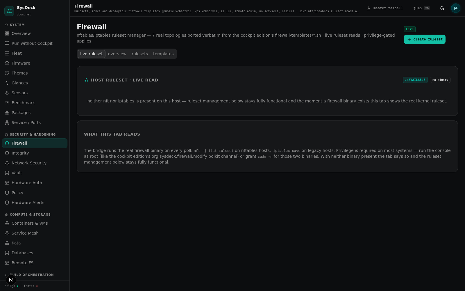 Firewall panel failing honestly — no nftables binary